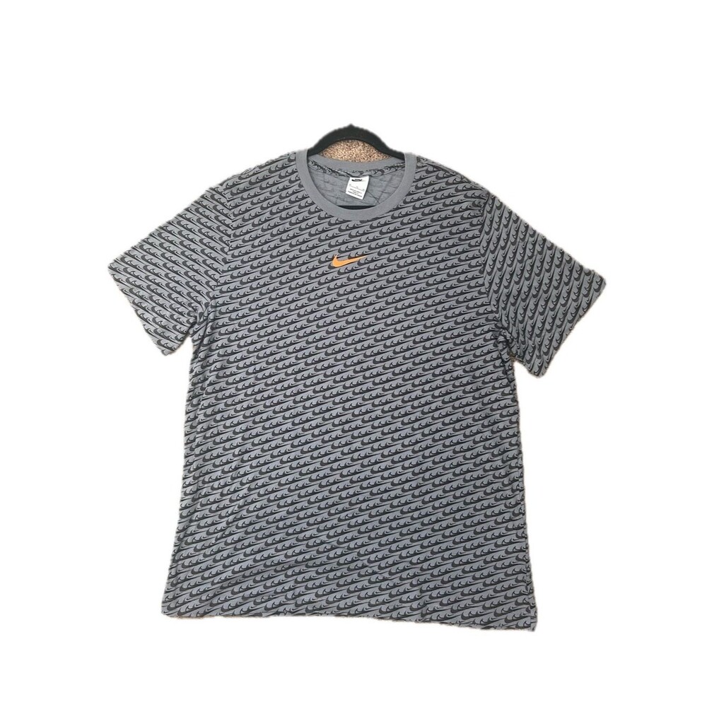 Nike Grey Short-Sleeve Tee with Orange Swoosh All-Over Print 100% Cotton Size XL